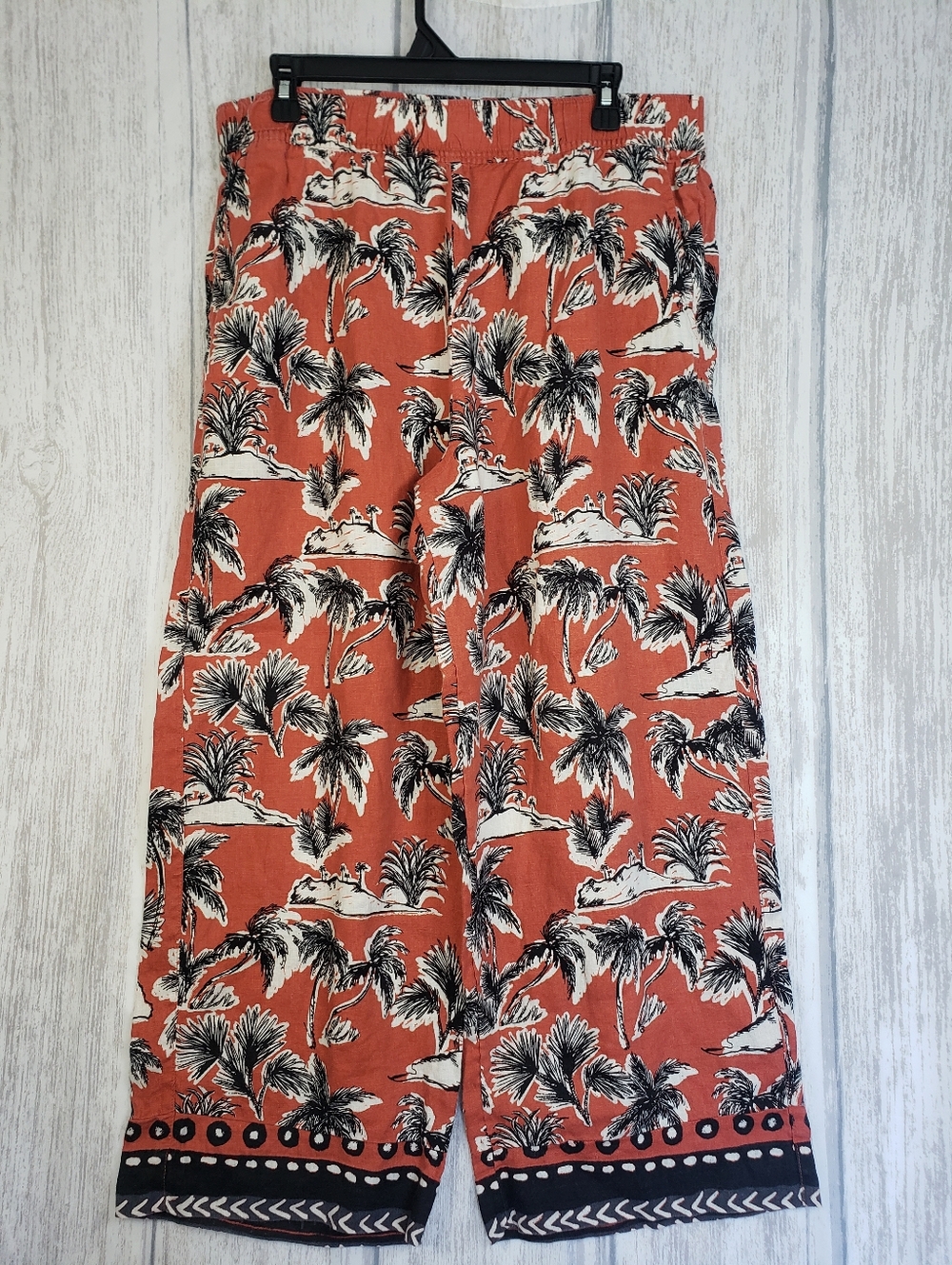 Tahari 100% linen wide-leg Tropical Print Rust & Black Cropped pants Size XL 1N